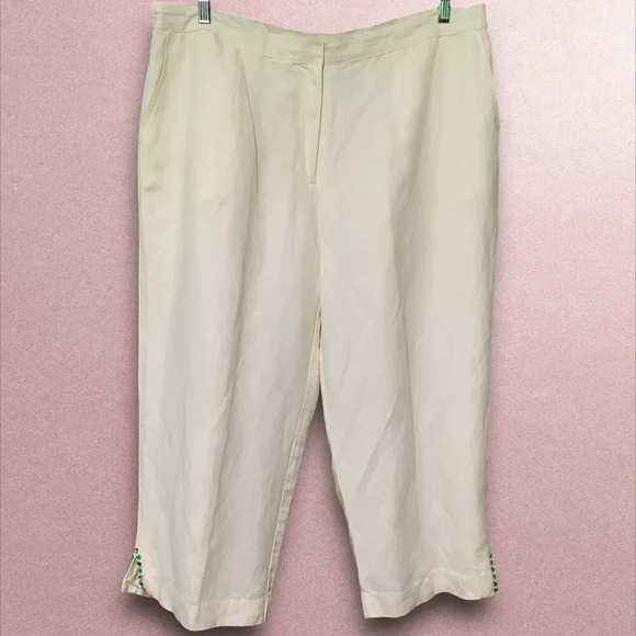 Ruby Rd Linen Blend Crop Straight Leg Pants Beaded Split Hem Plus Size 18W White - Picture 1 of 16